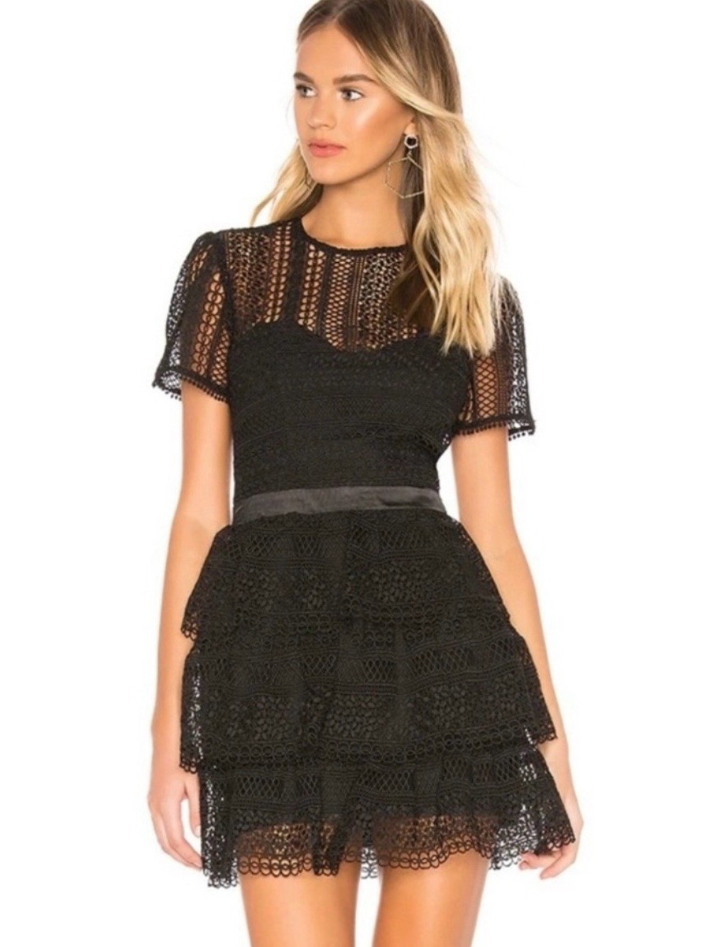 BARDOT Ava Black Lace Dress Romantic Goth Elegant Eyelet Guipure Women’s Large